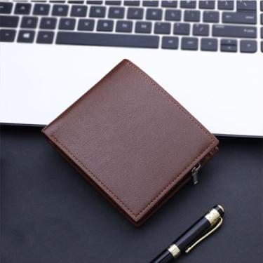 Imagem de Carteira masculina com bolso para moedas, janela dobrável para identidade, bloqueio RFID, fina, dobrável para cartão de crédito, bolso frontal, Marrom, Simples