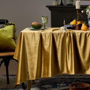 Imagem de Toalhas de mesa retangulares de veludo dourado, 139 x 250 cm, vintage, francesa, toalha de mesa retrô, rústica, toalha de mesa lavável para festa de Natal, casamento, cozinha, jantar, decoração de