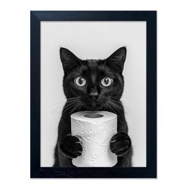 Imagem de Gato preto emoldurado segurando rolo de papel higiênico arte de parede de banheiro preto e branco decoração de parede animal engraçado pintura impressão em tela