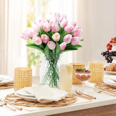 Imagem de 5 peças de flores artificiais de tulipa artificial rosa parcialmente abertas, 33 cm, para Ano Novo, primavera, Dia das Mães, Páscoa, Dia dos Namorados, decorações de casamento em massa para casa e