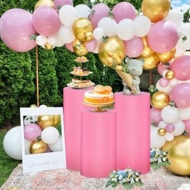 Imagem de OVRRCSME Conjunto De 3 Capas Cilindro, Suporte Pedestal Elastano, Atualizadas Para Festas, Pilares Casamento, Chá Bebê, Mesas Sobremesa, Decoração Eventos Festas Aniversário, Apenas Suportes (Rosa)