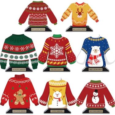 Imagem de Misdary 8 peças de suéter feio de Natal troféu homem de gengibre troféu 15 cm suéter feio de madeira feio festa brega prêmio para adultos prêmios engraçados para decorações de Natal