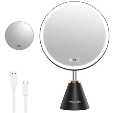 Imagem de FRANO Espelho de maquiagem profissional de 26,7 cm com luzes, espelho de maquiagem HD recarregável com ampliação de 10 X/1X, luz solar verdadeira CRI≥98, 3 modos de cor e regulação contínua, bateria