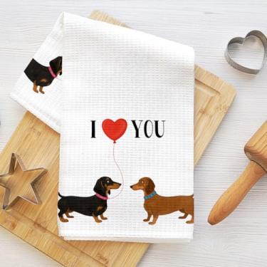 Imagem de Toalhas de cozinha fofas de dachshund, pano de prato de microfibra absorvente decorativo para cães, toalha de chá, toalhas de mão de trama de waffle para casa, banheiro, cozinha, presentes I Love You