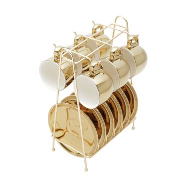 Imagem de Cj 6 Xícaras P/Café C/Pires de Porcelana Versa Branco/Dourada 90ml e Suporte de Metal Wolff