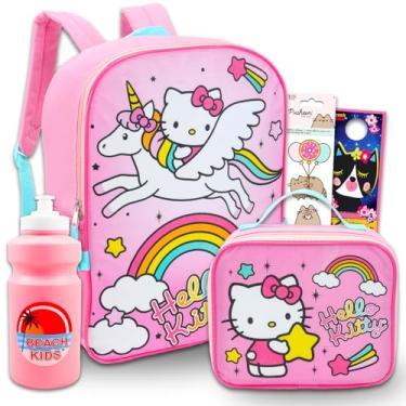 Imagem de Mochila Hello Kitty com lancheira para meninas – Pacote com mochila Hello Kitty, lancheira Hello Kitty, garrafa de água, adesivos, mais | Conjunto de mochila escolar Hello Kitty
