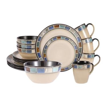 Imagem de Cteaffee Conjunto de louça de grés, 16 peças, pratos, tigelas e canecas, serve para 4, pode ir ao micro-ondas e à máquina de lavar louça (azul, serviço para 4 (16 peças))