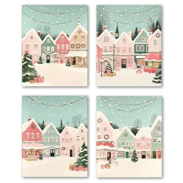 Imagem de XWELLDAN Farmhouse Winter Rustic Pastel Christmas Tree Village Town Wall Art Pictures Decor Decorations, 20 x 25 sem moldura, conjunto de 4
