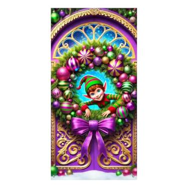 Imagem de BlissYard Capa de porta de Natal, faixa de elfo, 89 x 188 cm, enfeite de laço roxo, decoração de entrada de férias, cenário festivo para pendurar na parede, decoração de varanda sazonal para ambientes