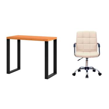 Imagem de Conjunto de Mesa Anah Freijó e Preta com Cadeira de Escritório Secretária Giratória Fitz Bege