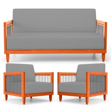 Imagem de Kit 02 Poltronas E 01 Sofá Samoa Madeira Maciça Com Cordas Náutica Linho Cinza - Abmaza