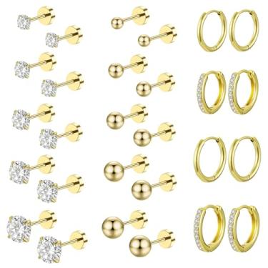 Imagem de Brincos hipoalergênicos com costas planas para mulheres e homens, brincos de aço cirúrgico para orelhas sensíveis, ouro 14K, pequenos brincos de argola de aço inoxidável, conjunto de brincos de