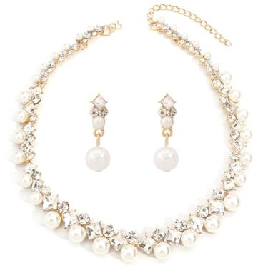 Imagem de Elegante conjunto de joias de pérolas e strass dourado para mulheres, colar de casamento e brincos com corrente ajustável