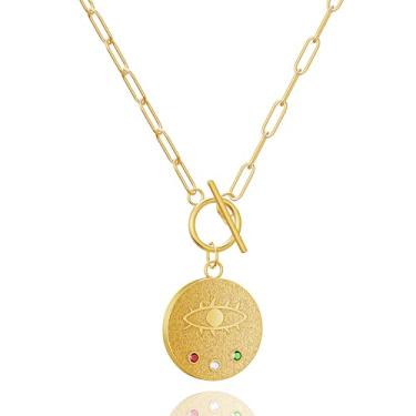 Imagem de Colar feminino de corrente empilhável ouro OT com pingente, banhado a ouro 18 K delicados colares femininos com pingente, Large, Metal banhado a ouro 18k, Sem Pedra Preciosa