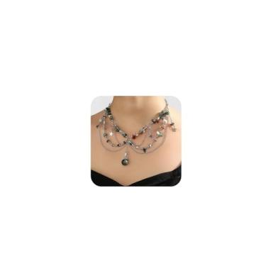 Imagem de Colar de fada de cristal renascentista para mulheres Y2K estrela verde vermelho contas pedra natural borla cristal corrente em camadas fantasia renfaire colar floresta fantasia renfaire cosplay