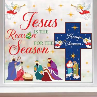 Imagem de Jesus is The Reason for The Season Decoração de Natal religiosa cristã com motivo de estrela de anjo de presépio adesivo de janela para Natal, férias de inverno, ano novo, decoração de cozinha
