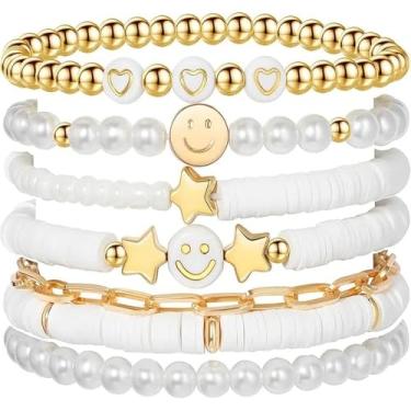 Imagem de Conjunto de pulseiras coloridas ouro branco sorriso coração estrela polímero contas pérola argila amuleto empilhável verão praia boêmio camadas pulseiras joias para meninas mulheres adolescentes