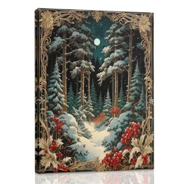 Imagem de RLTXBUK Decoração de arte de parede de floresta encantada de Natal, noite mágica vintage, frutas vermelhas, pinheiro, floresta de inverno, Natal, férias, impressões, pôsteres para casa, quarto, sala