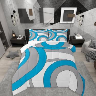 Imagem de Erosebridal Conjunto de edredom azul e cinza, abstrato, geométrico, geométrico, listrado, para minimalistas, linhas de arte moderna, boêmio, estética