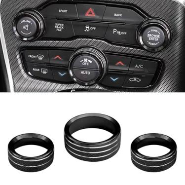 Imagem de KUQUTIDY 3 peças de capa de botão de interruptor de ar condicionado AC, decalques de botão de controle de volume de rádio de liga de alumínio, anel de acabamento de controle climático para Dodge
