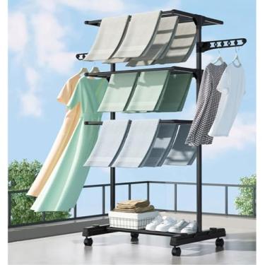 Imagem de Hhsdyl Estendal de Roupa, 4 Níveis Dobrável, Secador de Roupa em Aço Carbono, Estendal Recolhível para Roupa, Interior-Exterior com Asas Dobráveis, Suporte para Secagem de Roupa Preto