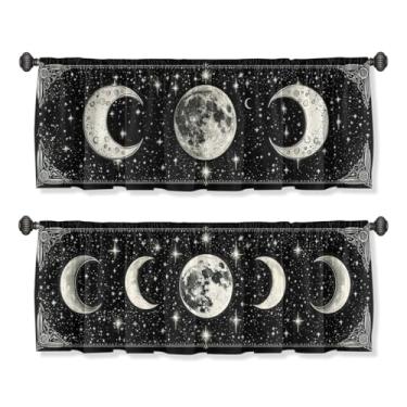 Imagem de AWJJPO Cortina de saia Moon Phase para Windows, pacote com 2, preto e branco, lua cheia, bolso para haste, estampado, sanefas, cortinas de camada curta para cozinha, sala de estar, banheiro, quarto