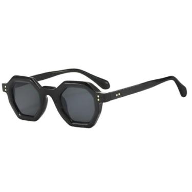 Imagem de HCPIHF Óculos redondos poligonais retrô da moda, femininos, masculinos, punk, luxuosos, armação grande, UV400 (preto-preto)