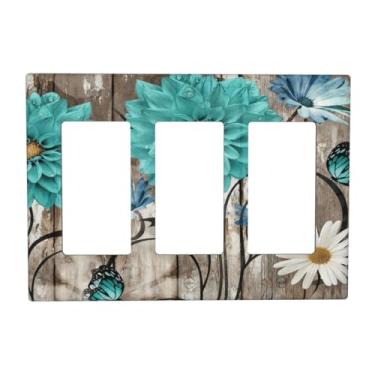 Imagem de SgEdao Capas decorativas de margarida turquesa design floral vintage em madeira rústica placa de parede de 3 gangues capas de interruptor de luz basculante triplo capa de placa de interruptor para