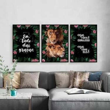 Imagem de Kit 3 Quadros Leão E Leoa Frases Religiosas 45X34Cm - Quadros On-Line