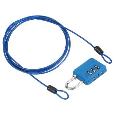 Imagem de PATIKIL Cabo de aço de segurança de 2 m (199,9 cm) com trava de combinação de 3 dígitos, 1 conjunto de cadeado de viagem revestido de PVC, cordão duplo para mala de bagagem, azul claro e azul