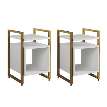 Imagem de Kit 2 Mesas De Cabeceira Industrial Marrocos Ferro Dourado E Tampo Branco