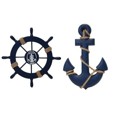 Imagem de Pacote com 2 rodas náuticas de madeira para navio de praia de 28 cm e âncora de madeira de 33 cm com corda náutica barco volante leme âncora decoração de arte de parede ornamento para pendurar porta