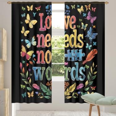 Imagem de 2 conjuntos de painéis com palavras autismo, flores, cortinas transparentes e arejadas, com filtro leve, painéis de cortina de porta e janela para sala de estar, quarto, jantar, 192 cm de comprimento