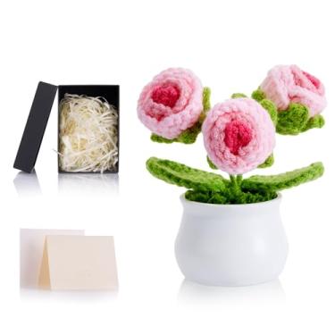 Imagem de ZHIYUXI Flores de crochê rosa artificial de crochê azul rosa eterna decoração de mesa presentes para mulheres, rosas feitas à mão, flor de malha para painel de carro, decoração de escritório em casa