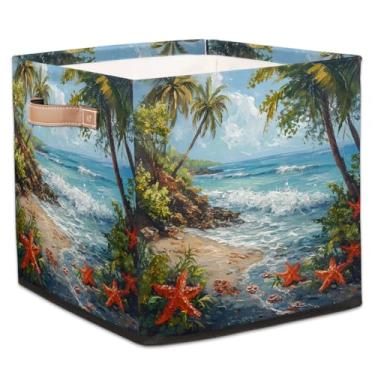 Imagem de hongjinglin Cestos dobráveis de armazenamento de cubos, estrela-do-mar, palmeira, mar, caixotes dobráveis para crianças, brinquedo com alças, organizador de tecido, cesto organizador para berçário