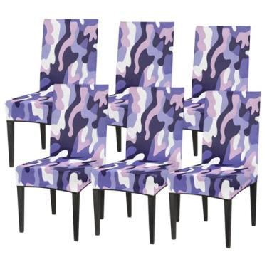 Imagem de hongjinglin Conjunto de 6 capas elásticas para cadeira de sala de jantar, capa protetora de assento de cadeira, estampa camuflada, roxa, removível, lavável, para cozinha, casa, hotel, banquete, festa
