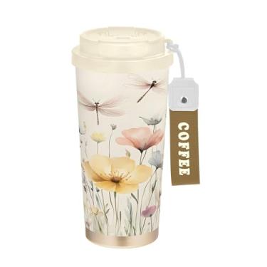 Imagem de SEHANY Caneca de viagem colorida de ervas silvestres de 500 ml Copos de café reutilizáveis revestidos de cerâmica com tampa à prova de vazamento, parede dupla, isolamento a vácuo, copo de café de aço