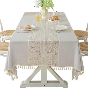 Imagem de Qubjus Toalha de mesa retangular de linho e algodão misto de poliéster com borlas minimalista, elegante, toalha de mesa durável para jantar de fazenda, decoração de casamento (branca, 139 x 192 cm)