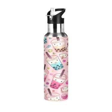 Imagem de Blueangle Garrafa de água de aço inoxidável Kawaii Bubble Tea de 590 ml - Garrafa esportiva de metal isolada à prova de vazamento para academia, acampamento, fitness ao ar livre e viagens (617)