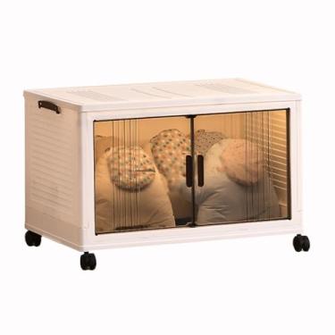 Imagem de SPXMQSS Caixa de armazenamento com tampa grande caixas de empilhamento transparentes com tampa e rolos, abertura da porta da frente para fácil acesso Caixa de plástico dobrável para cozinha sala de