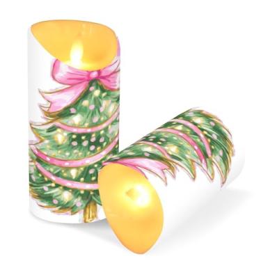 Imagem de Blueangle Pacote com 2 velas de árvore de Natal rosa sem chama com controle remoto e temporizador, velas LED cintilantes (7,6 cm x 15 cm) para decoração de casa, casamento, acampamento (861)