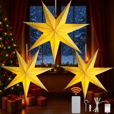Imagem de YPGFDZYDHH 3 peças de lanterna de estrela de papel com luzes LED, luz de estrela pendurada para Natal, casamento, aniversário – Lanterna de papel estrela 3D branca com orifício redondo de 7 pontos com