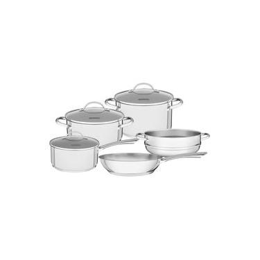 Imagem de Jogo de Panelas Tramontina Una em Aço Inox com Fundo Triplo e Tampas de Vidro 5 Peças