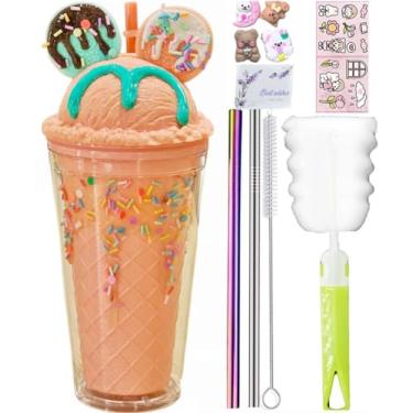 Imagem de windyswag Copos de viagem de orelha de biscoito com canudos, sorriso, donut, gelo, bebidas, garrafa de água, caneca de café infantil brilhante, copo de plástico reutilizável, presente de aniversário
