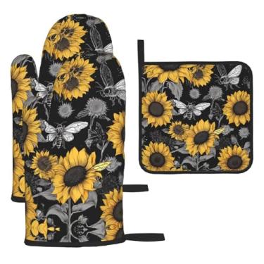 Imagem de Sunflower Bees – Conjunto de cozinha essencial com 3 peças, luvas seguras para calor e aderência de tampa, proteção para churrasco no forno, design de armazenamento suspenso.