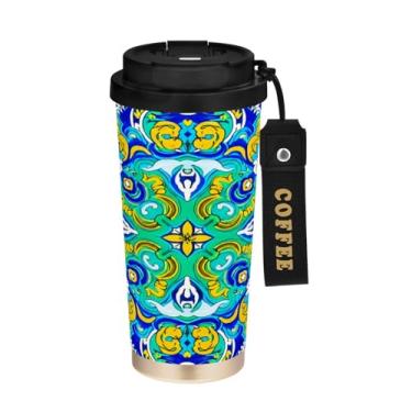 Imagem de STAYTOP Copo de café de aço inoxidável de 500 ml, caneca de café de viagem com isolamento de azulejos de cerâmica verde estilo mexicano com tampa, copo de café à prova de derramamento, copos portáteis