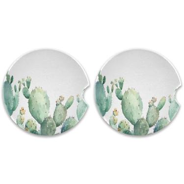 Imagem de Burbuja Porta-copos de carro de cacto aquarela para porta-copos, pacote com 2, porta-copos de cerâmica absorvente para carro com entalhe de dedo, acessórios de carro fofos para mulheres