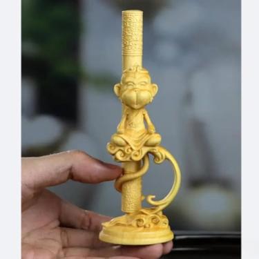 Imagem de FENNYYAR Buxo esculpido à mão Zen Meditação Sol Wukong Monkey King Estatueta Ornamento, 15 cm 15.0 cm, arte de decoração de mesa