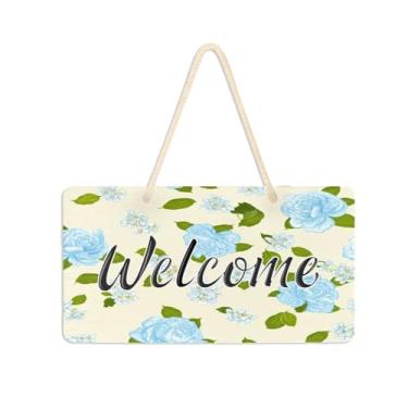 Imagem de Burbuja Placa de boas-vindas de flores azuis para porta da frente, placa de boas-vindas de PVC para decoração de férias, varanda de fazenda, 15 x 28 cm