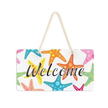 Imagem de Burbuja Placa de boas-vindas de estrela do mar de desenho animado para porta da frente, placa de boas-vindas de PVC para decoração de férias, 15 x 28 cm